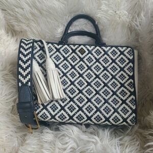 Tory Burch Black/White Woven Leather Robinson Crossbody-Good Condition